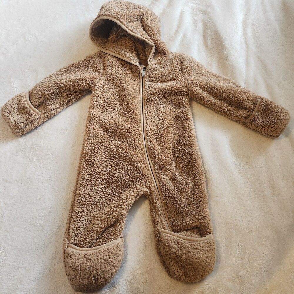 Nike Baby Sherpa Fleece Hooded Coverall Pram Suit Brown 9 Months EUC